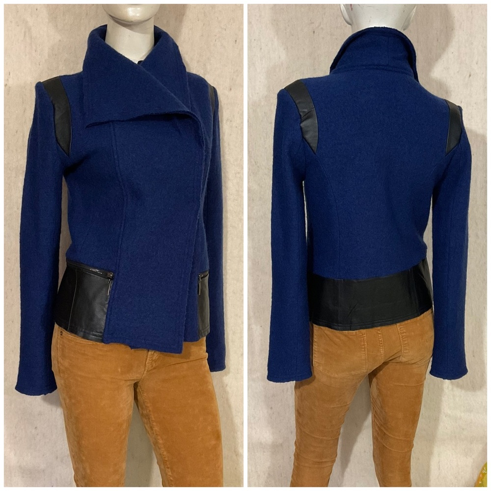 100% Blue Wool & Black Leather Evening Moto Jacket Size Small